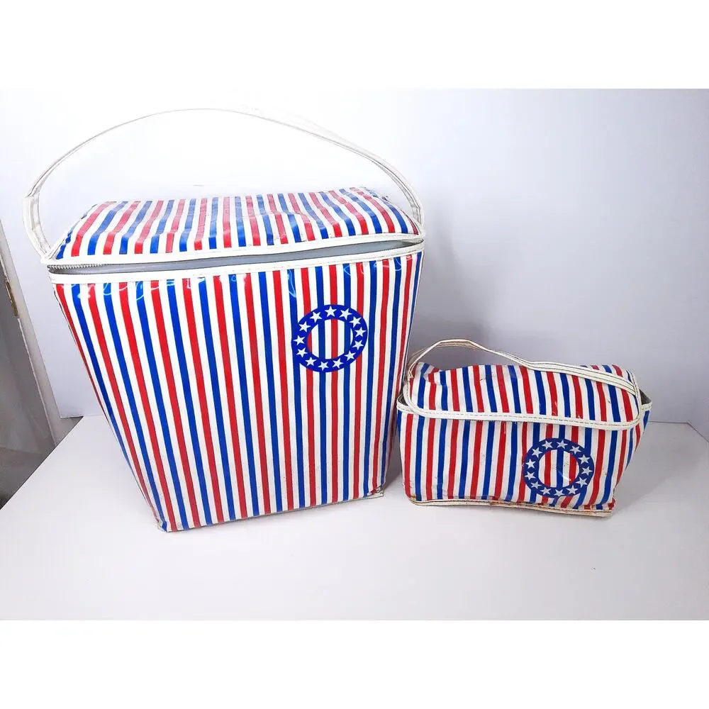 Vintage Prepac Vinyl Insulated Cooler Bags Red White Blue Stripes Set of 2